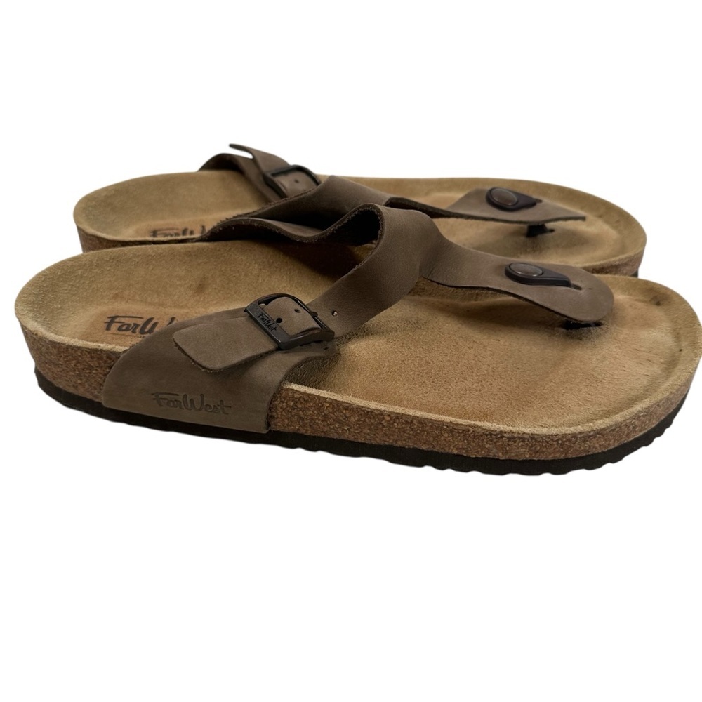 Far West Brown Leather Thong Sandals Size 10 Cork Footbed Comfortcore Hippie